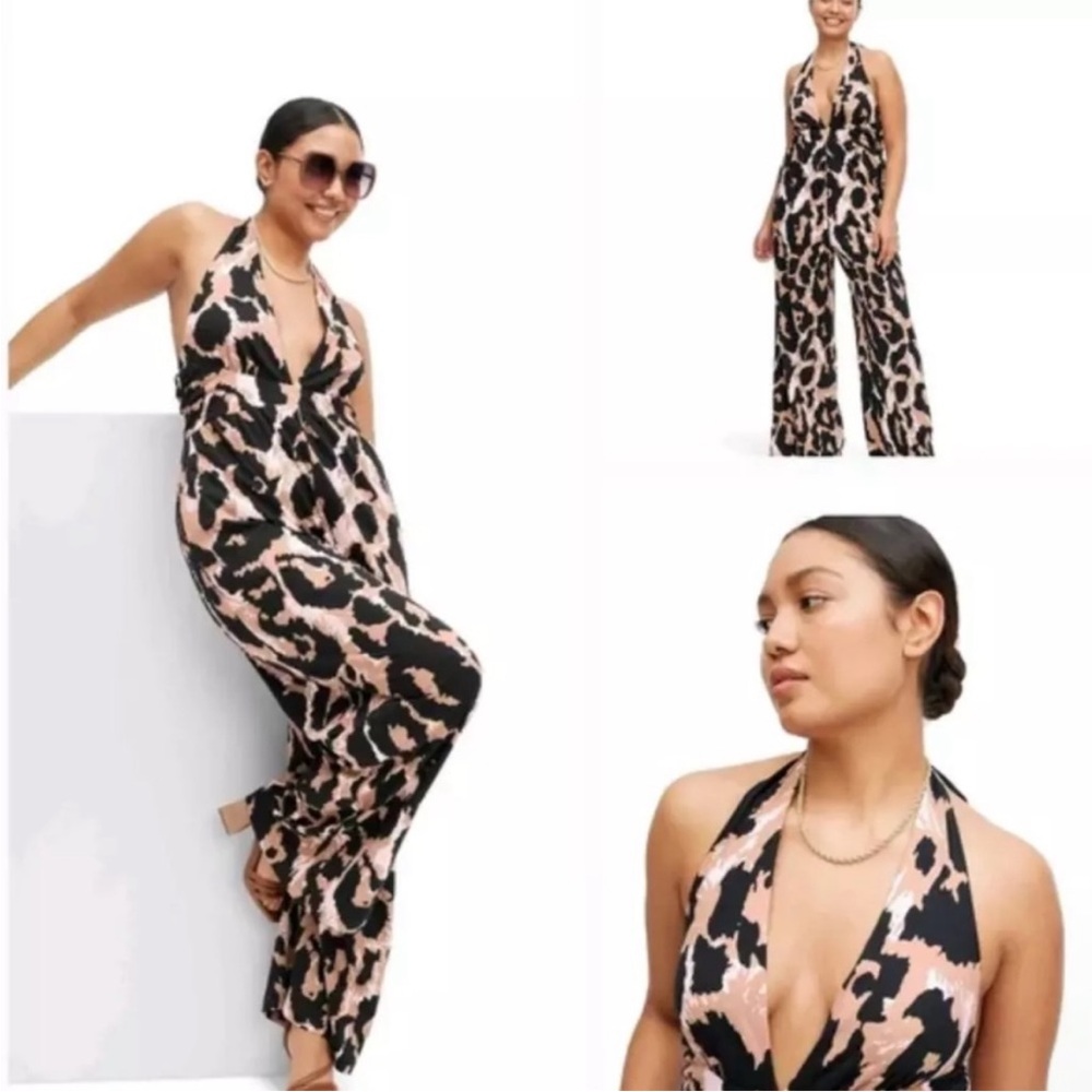 Diane Von Furstenburg Target Leopard Halter Tie Back Wide Leg V Neck Jumpsuit